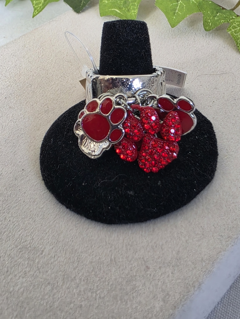 Silver Stretch To Fit Ring with Red Paw Print Charms and Rhinestone